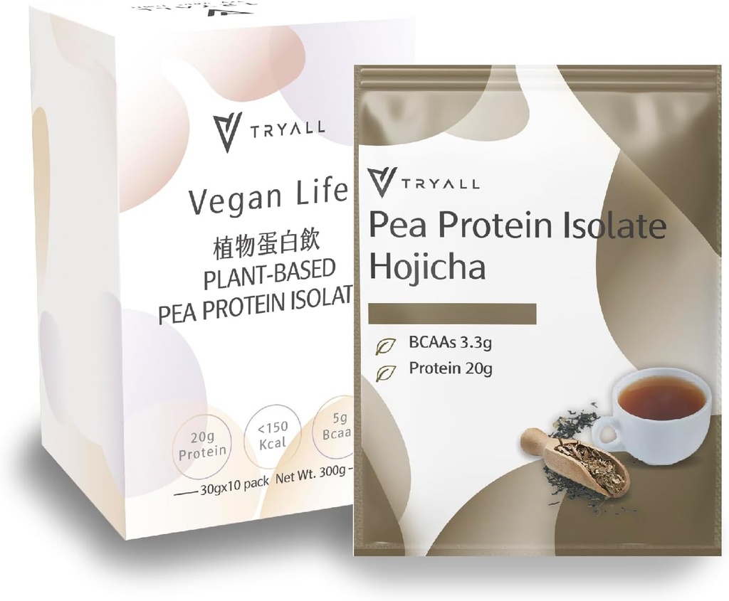 TRYALL Plant Basert Pea Protein Powder Isolat (20g protein) Reise Sachets (Hojicha, 10 pakker)