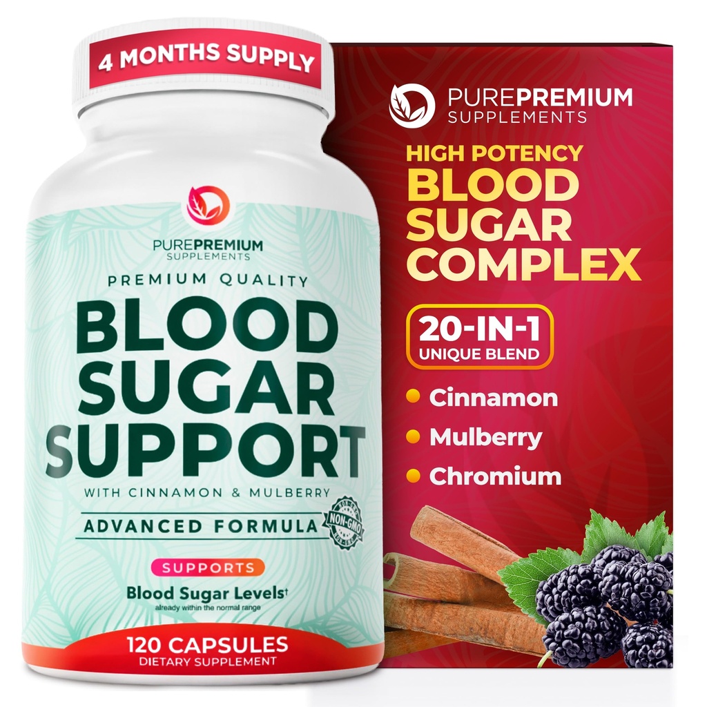 PurePremium normal blodsukker støtte Supplement - 20 aktive ingredienser kompleks for å støtte blodsukker nivåer allerede i normal rekkevidde - med kanel, biter Melon, Chromium, Mulberry - 120ct