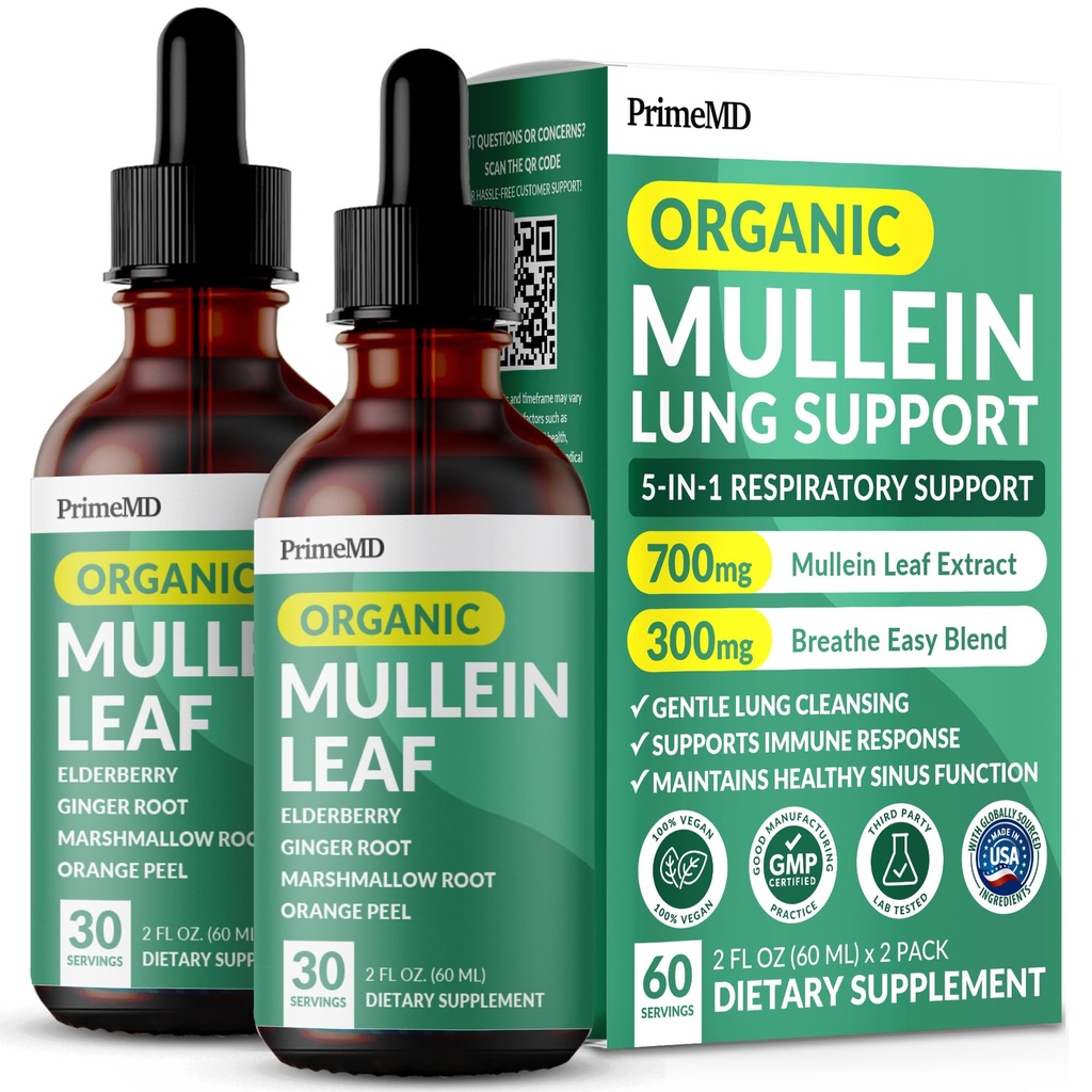 5-i-1 Mullein Drops for Lungs og Bronchial - Respiratorisk Lung Helse Støtte med Mullen Leaf Ekstrakt for Lungs - Mullein Tinktur med Elderberry, Echinacea og Ginger Root (2-pakke)