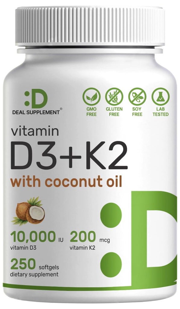DEAL Supplerende Vitamin D3 10.000 IE + K2 MK7 200mcg Softgels, 250 greve | 2-i-1 Kompleks med Jomfru Coconut olje | Lett å svelge