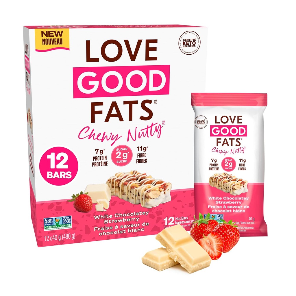 Kjærlighet Gode fetter Chewy Nutty Hvit Sjokolade Strawberry Keto Barer - Lav carb Protein Snacks - 12 pakke (1.59oz / 45g hver bar)