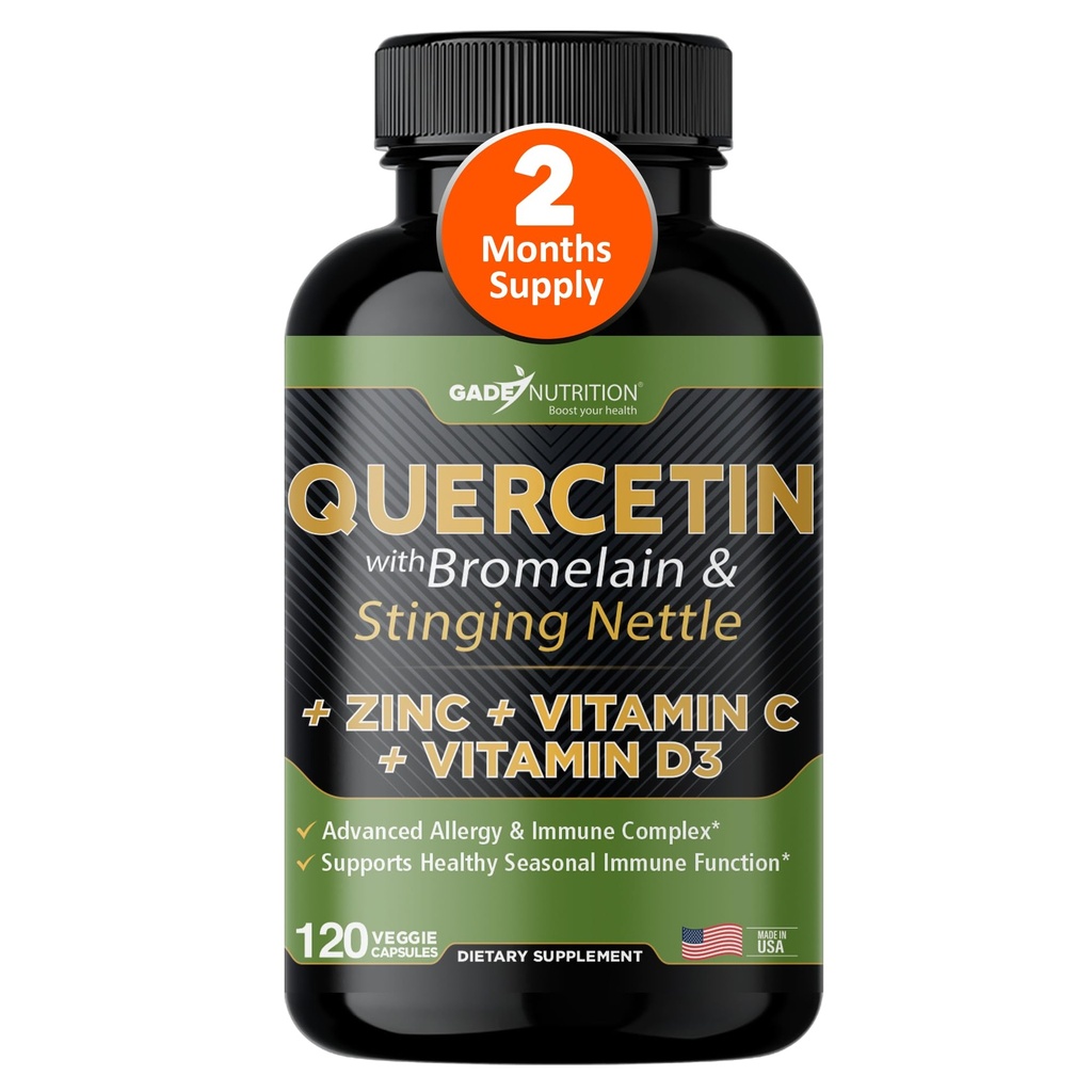 Quercetin med vitamin C og sink - Nettle Quercetin - Quercetin 500mg - Quercetin med Bromelain - Zink Quercetin + vitamin D3 - 120 Veggie Caps - (Non-GMO, Glutenfri, Vegan) - 2 måneders forsyning