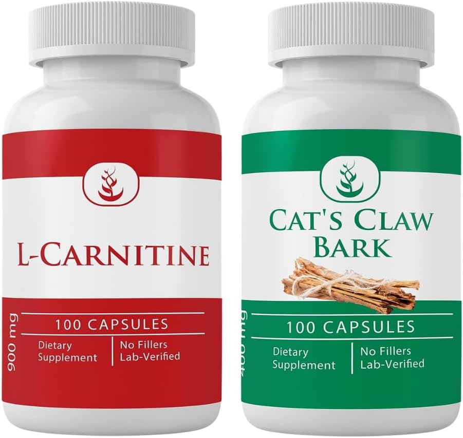 PURE ORIGINALE INGREDIENTS L-karnitin og kattens klør Bundle, 100 kapsler hver, alltid ren, ingen tilsetningsmidler eller fyllstoffer