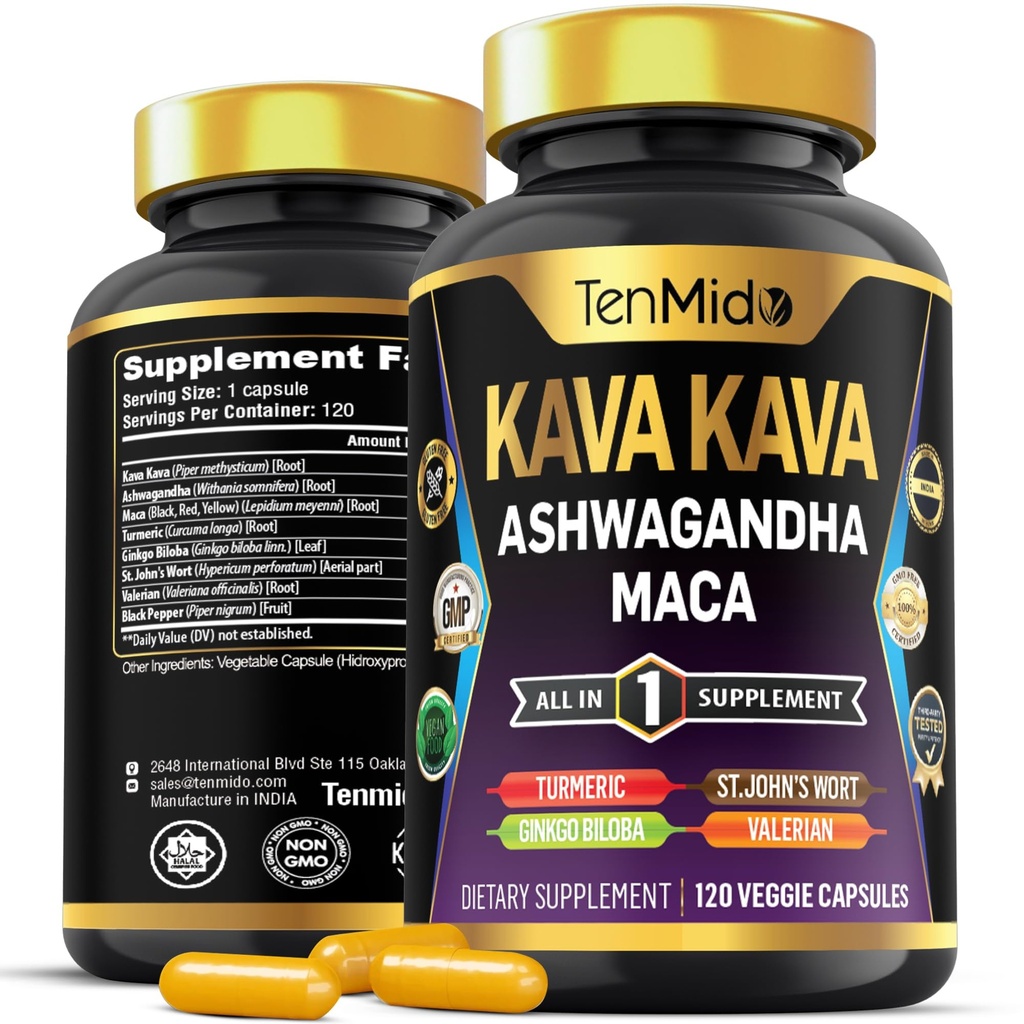 Kava Kava Root Supplement - 8in1 Formula - Kombinere med Ashwagandha, Maca, Turmeric, Ginkgo Biloba, St. John's Wort, Valerian & Black Pepper - 120 Vegan Capsules, 4 måneders Supply