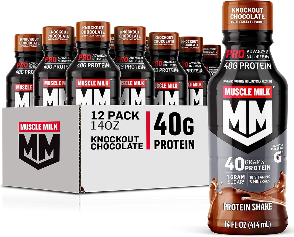 Muskelmelk Pro Avansert ernæringsprotein Shake, Knockout sjokolade, 14 Fl Oz flaske, 12 pakke, 40g protein, 1g sukker, 16 vitaminer og mineraler, 6g fiber, trening utvinning, emballasje May Vary