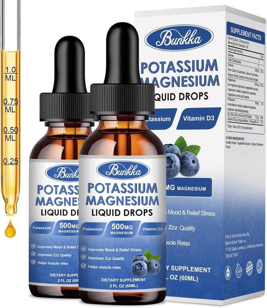 (2 Pakke) Kalium Magnesium Supplement flytende med kalium, magnesium, kalsium, vitamin D3, sink, for voksen og barn, sukkerfri