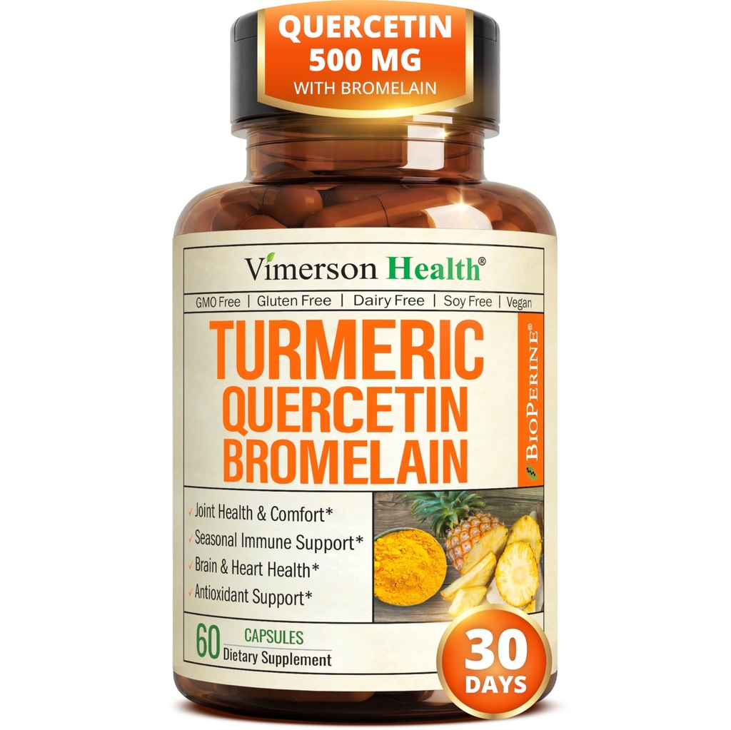 Quercetin med Bromelain Turmeric Curcumin Supplement – Allergi Relief, Joint & Immune Support – Organic Turmeric Supplement med svart pepper (bioperin) – 60 Quercetin 500mg Kapsler