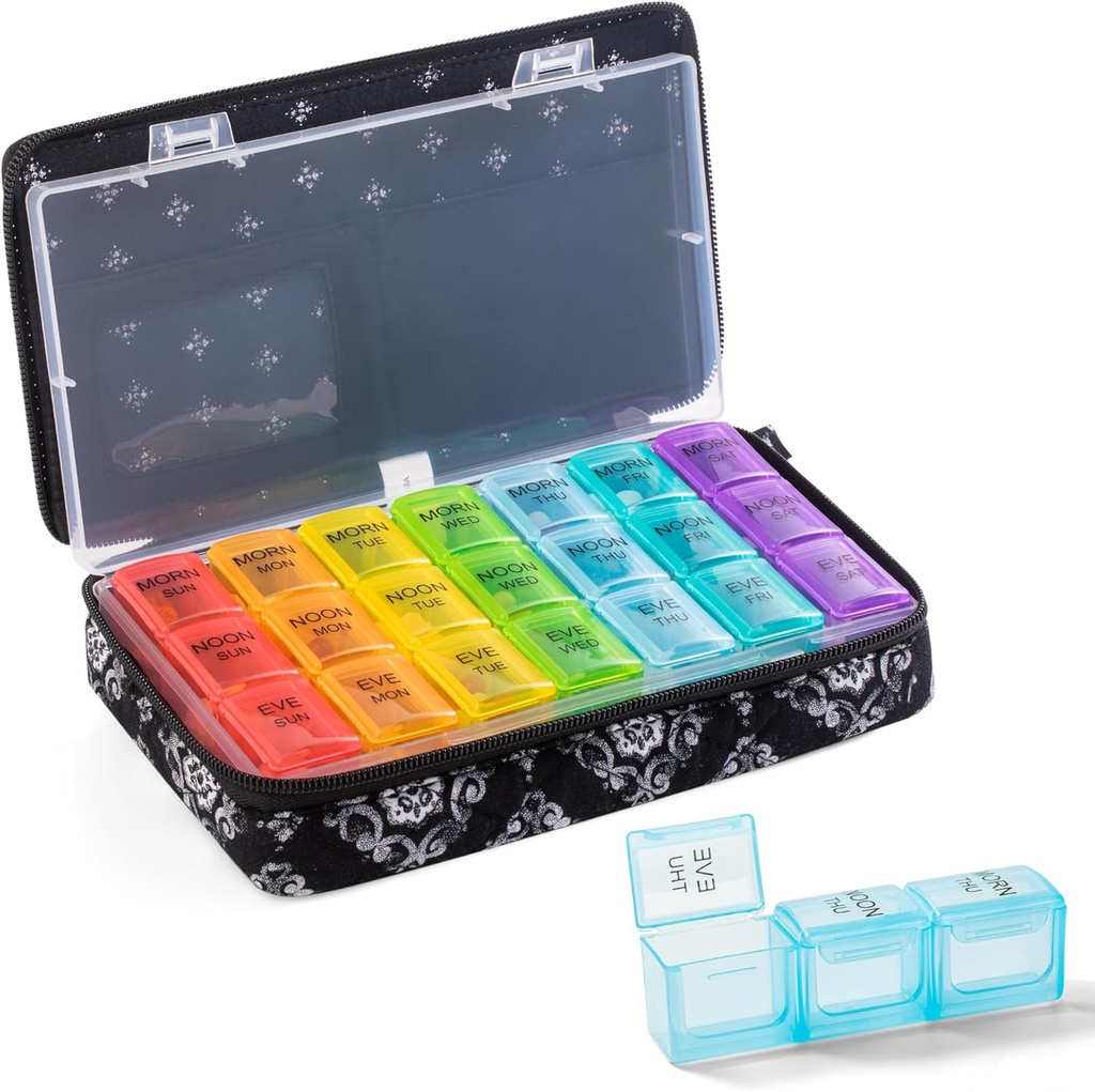 Weekly Pill Organizer 3 ganger om dagen - Pill Box 7 dag 3 ganger om dagen med søte quiltet stoff glidelås Bag- reisepille sak 7 dag 3 ganger om dagen for vitamin medisinorganisator