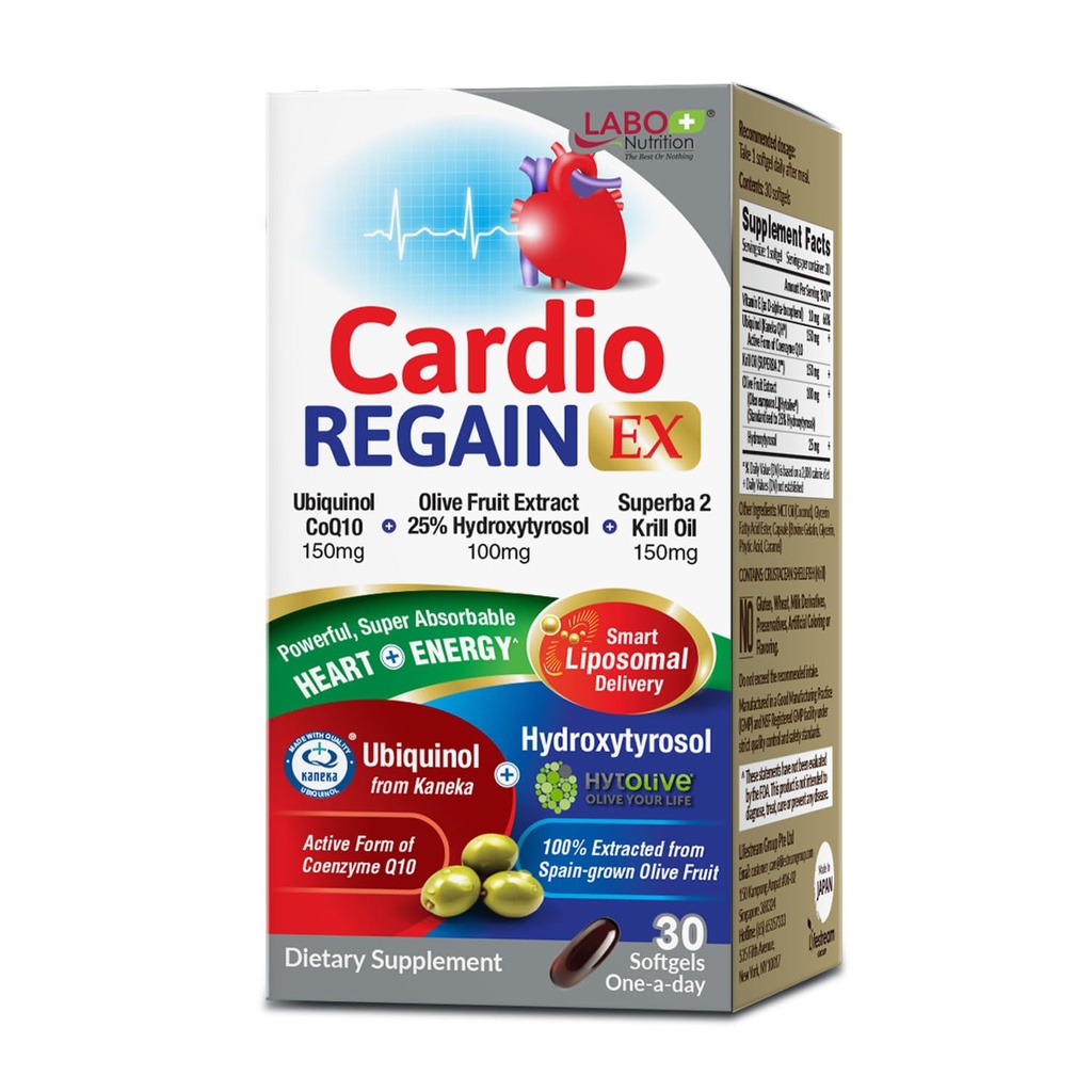 LABO Nutrition Cardioregain EX - Ubiquinol CoQ10 Supplement med Kaneka QH 150 mg, Olive Fruit Extract (25% Hydroxytyrosol), krillolje - hjerte, cellulær energi, Liposomal Absorpsjon, ikke-GMO, soya-fri