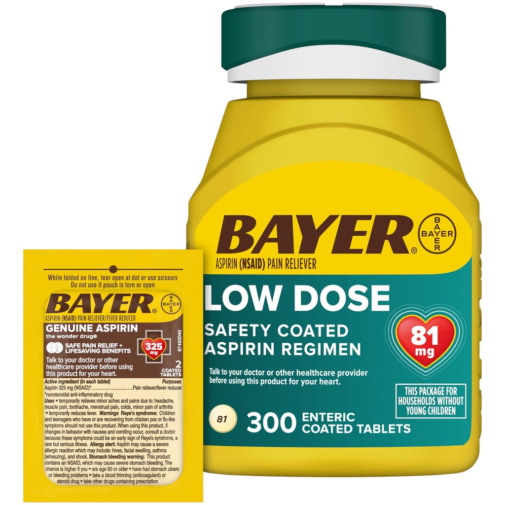 Bayer Aspirin 81 mg Enteric Coated Tabletter 300ct og 2 Count Travel Pack av ekte Aspirin 325 mg Coated Tabletter