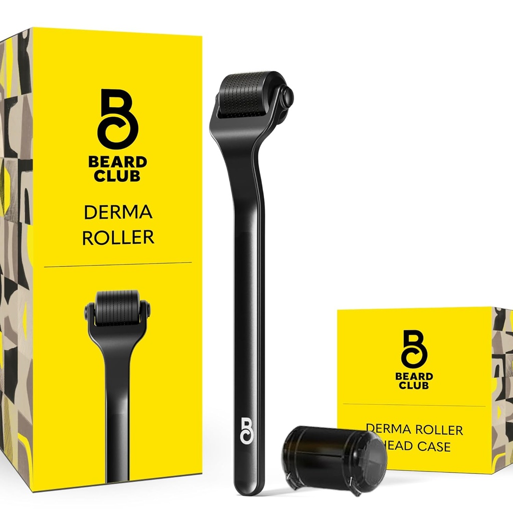 The Beard Club Premium Derma Roller for ansikt, kropp og skjell - Microneedling Roller for menn og kvinner med 540 Titanium Microneedles - for hår og skjegg - Vektet metallhåndtak - Magnetisk lagringsdeksel