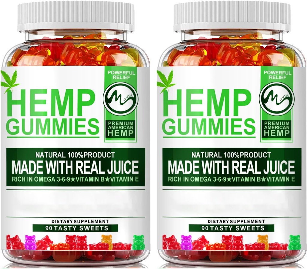 (2 pakke) Hempe Gummies - 90PCS Stress Relief Fruity Gummy Bear med hamp olje