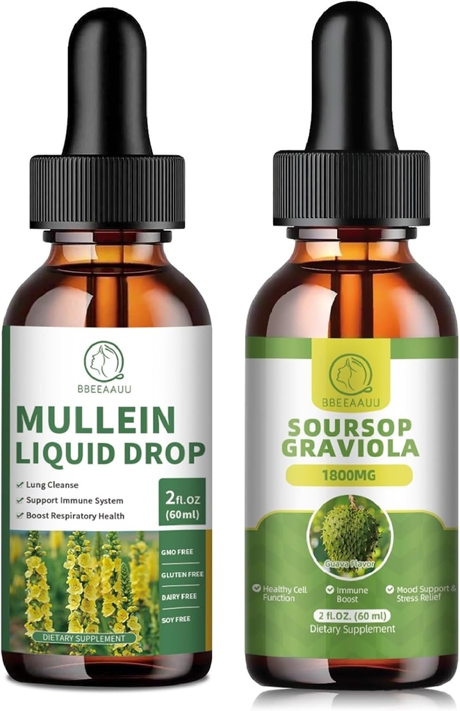 Mullein Drops for Lungs, Mullein Leaf Extract 1000MG for Lung Cleanse & Soursop Graviola flytende drops 1800mg, Soursop blader ekstrakt for celle regenerasjon