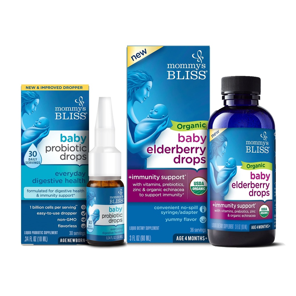 Mammas Bliss Baby Probiotic Drops Hver dag 30 serveringer (pakke med 1) med organisk baby Elderberry drops 36 serveringer (pakke med 1), støtte babyens immunitet