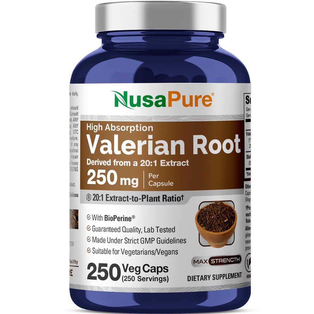 NusaPure Valerian Root 20:1 Ekstrakt, 250 mg Tilsvarende 5000 mg Per Veggie Caps, 250 greve, Vegan, Ikke-GMO, Bioperin