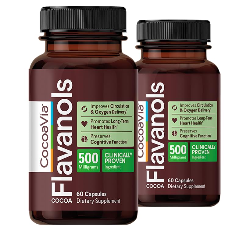CocoaVia Cardio Helse Supplement, 60 dager, 500 mg Cocoa Flavanols, støtte hjertehelse, økt nitric oksid, blodsirkulasjon, energi, vegansk, mørk sjokolade, 120 kapsler