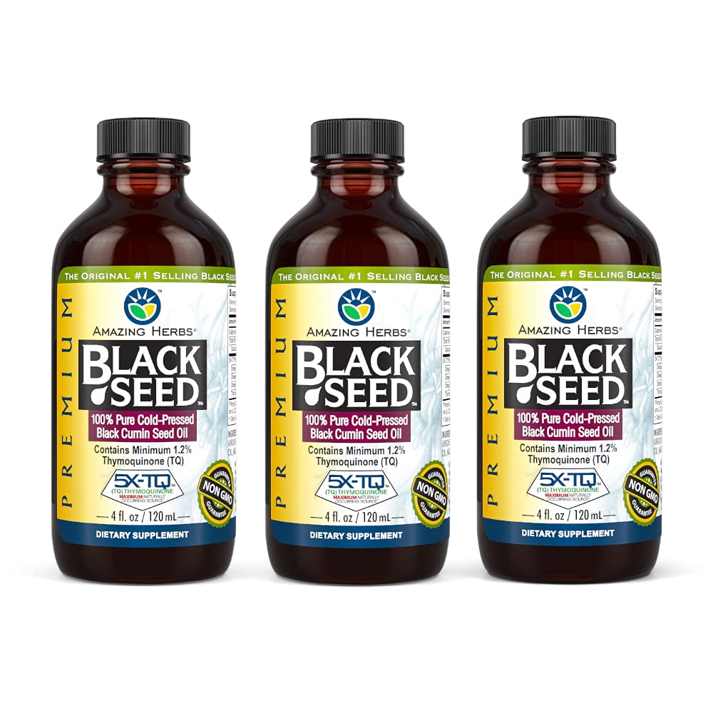 Amazing Herbs Premium Black Seed Oil - Glutenfri, Ikke GMO, Cold Pressed Nigella Sativa Aids i Digestive Helse, Immune Support, Hjernefunksjon - 4 Fl Oz (Pack of 3)