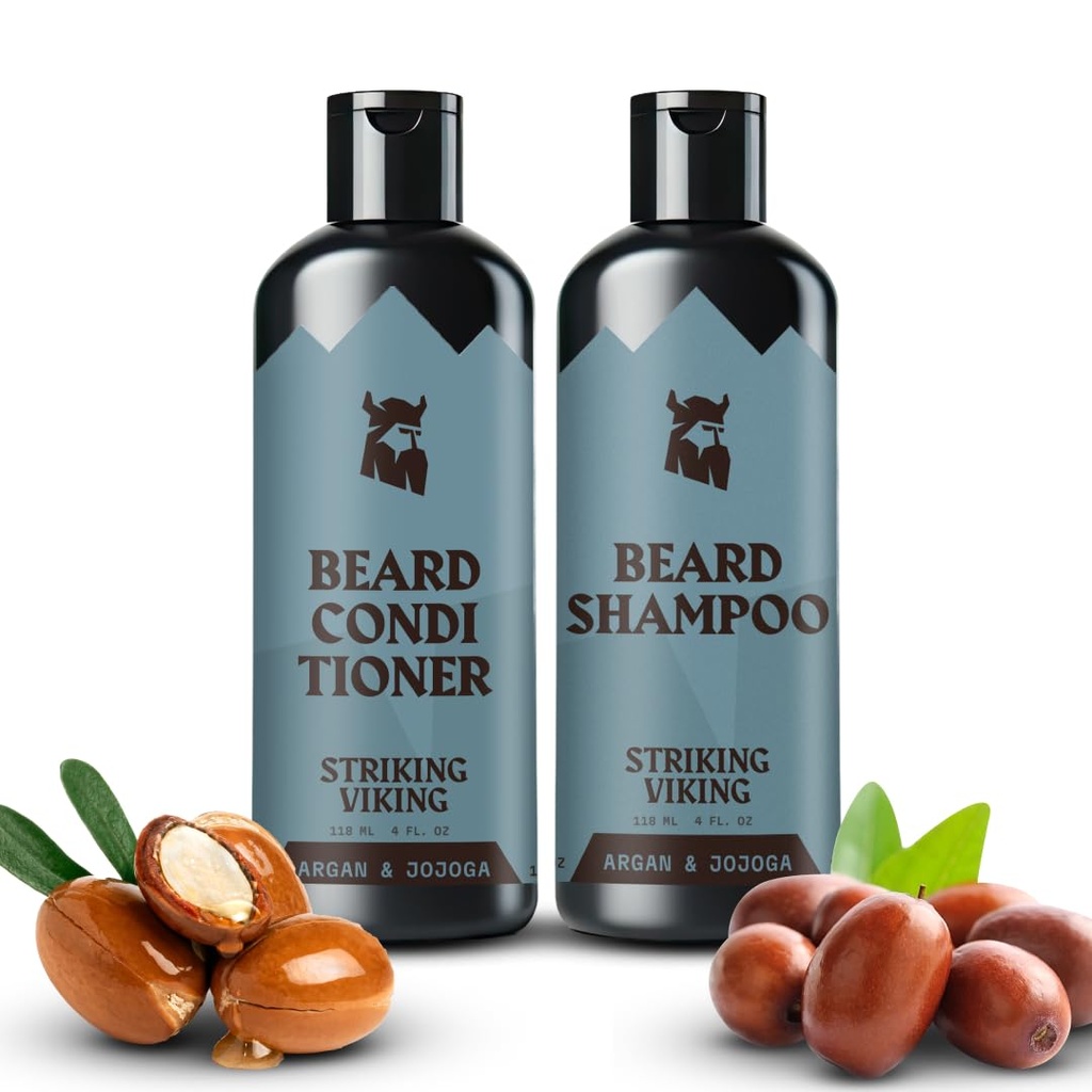 Striking Viking Beard Shampoo og balsamsett – 4 Fl Oz Hver, Fresh Masculine Scent - Skjeggvask og balsam for menn - Renser & Softens, med Argan & Jojoba olje - Sulfat & Paraben Gratis