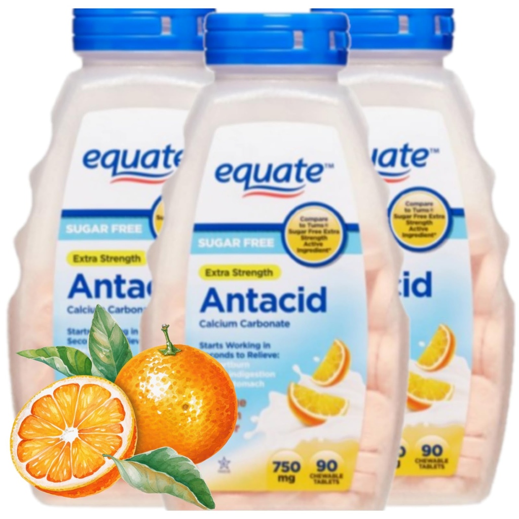 Antacid tabletter sukkerfri ekstra styrke, oransje krem, kalsiumkarbonat 750 mg, 90 telle hver (pakke med 3)