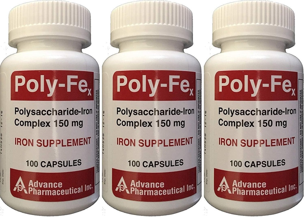 Polysakkarid jern kompleks 150 mg kapsler jerntilskudd 100 kapsler per flaske pakke med 3 totalt 300 kapsler