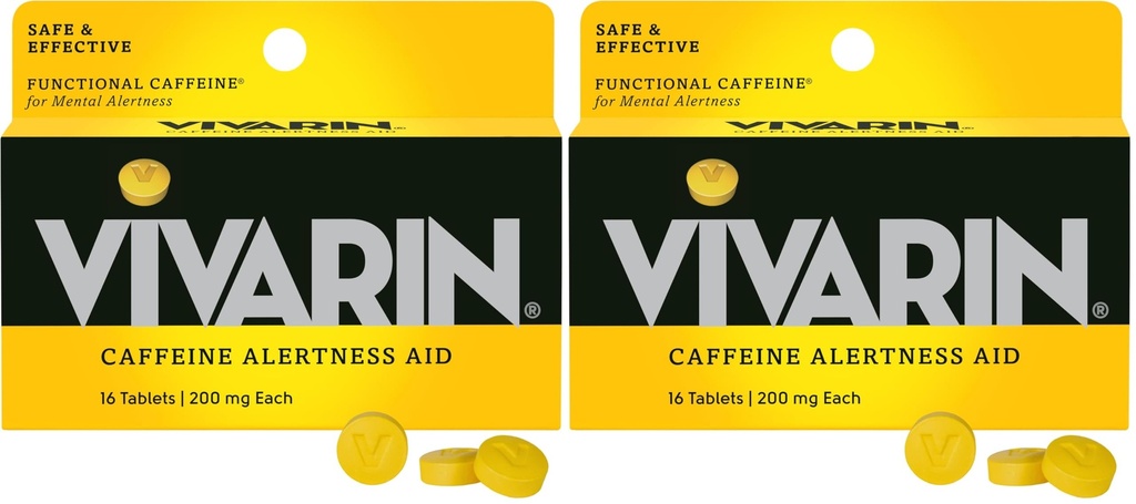 Vivarin, Koffeinpiller, 200 mg koffein per dose, trygt og effektivt hjelper deg å holde deg våken, ingen sukker, kalorier eller skjulte ingredienser, energitilskudd, 16 tabletter (pakke med 2)