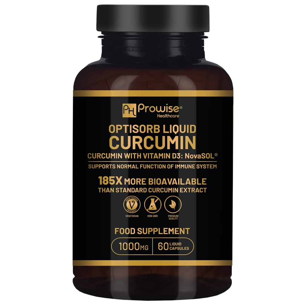 Optisorb Flytende Curcumin med vitamin D - 60 Liqcaps | 185x Turmeric & Curcumin Biotilgjengelighet - Ultra Biotilgjengelig | Flytende kapsler med 1000mg NovaSOL daglig dosering - UK Produsert