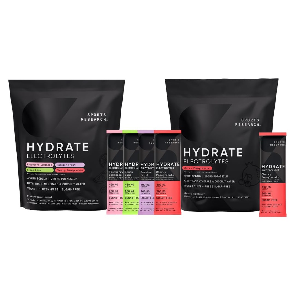 Sportsforskning Hydrate Electrolytes Combo Pack - Sukkerfri og naturlig flavorert med vitaminer, mineraler og kokosvann - støtter Hydration - 32 pakker - Cherry Pomegranate Dominant Flavor