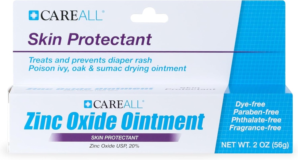 CareAll Zink Oxid 20% Hudbeskyttende Barriere Ointment 2 oz, lindrer, behandler og forhindrer mindre hud irritasjoner på grunn av diaper utslett. Hjelper segl ut våthet. Beskytter chafed hud.
