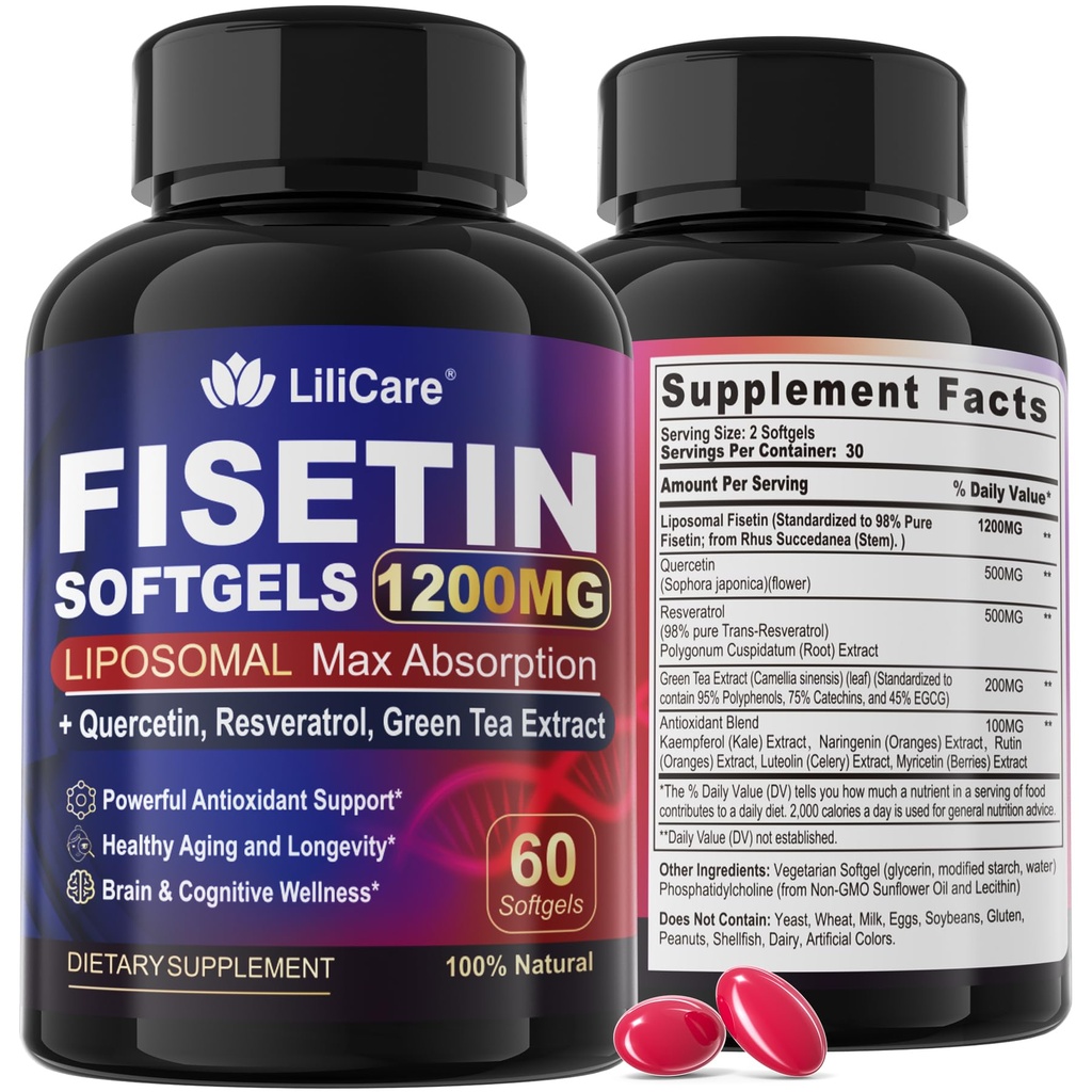 Fisetin Supplement - Liposomal Super Absorpsjon 98% ren 1200mg med Quercetin, Resveratrol, Grønn Te Ekstrakt for sunn aldring og lang levetid, hud helse, hjerne og antioksidant - 60 Softgels