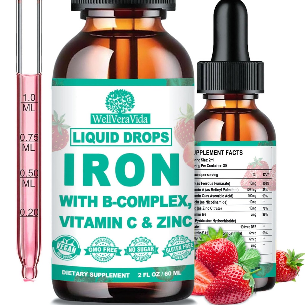 Væske jerntilskudd w/vitamin C, B-kompleks, høy potens jernvæske w. multivitamin, vegansk jerndråper for kvinner, barn, Chelate flytende jerntilskudd for anemi, tretthet, rød blodcelle støtte