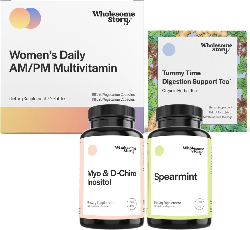 Hormone Balance støtte Bundle | Myo-Inositol & D-Chiro Inositol blanding 30-dagers forsyning | Organic Spearmint 30-dagers forsyning | Premium daglig Multivtamin for kvinner 30-dagers forsyning | Morgensyke te 15ct