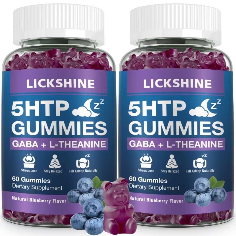 2 Pakke 300MG 5-HTP GABA Sleep Supplement Gummies med 200mg L-Theanine Supplement for hjernen, Mood Stabilizer og søvnstøtte, Melatonin-fri, Omega 3-6-9 for naturlige Zzzs, Blåbær Flavor