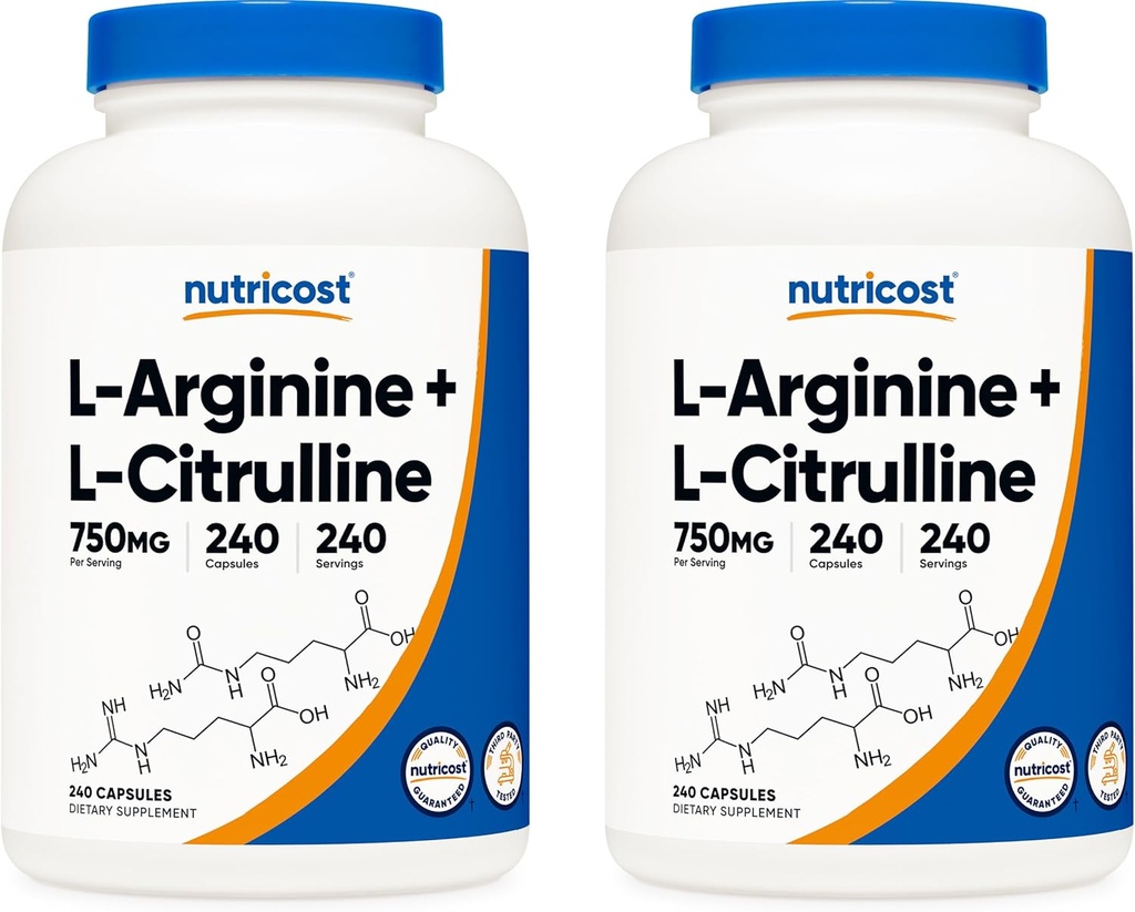 Nutricost L-Arginin L-Citrullin Complex 750mg, 240 kapsler (2 flasker) - Ikke-GMO