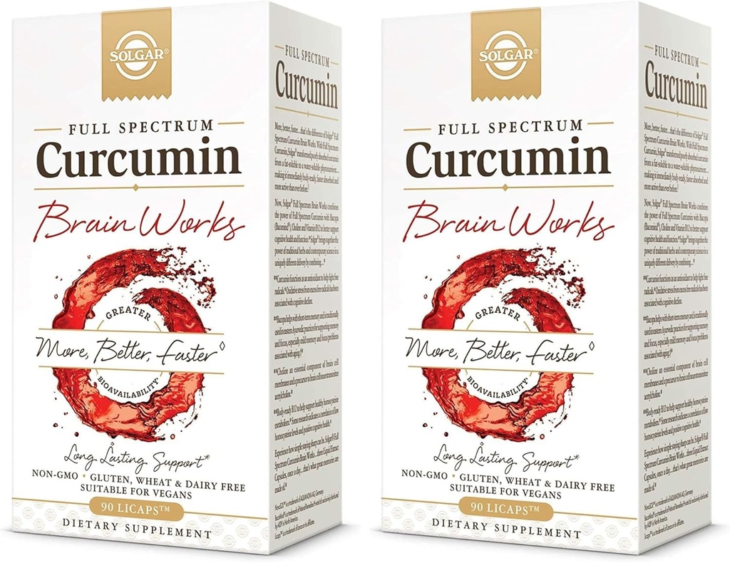 Solgar Full Spectrum Curcumin Brain Works, 90 Licaps - Støtte Minneminner, Fokus, Kognitiv funksjon - Antioksidant støtte - Curcumin, BacoMind, Choline, Vitamin B12 - Ikke-GMO, Vegan - (Pack of 2)