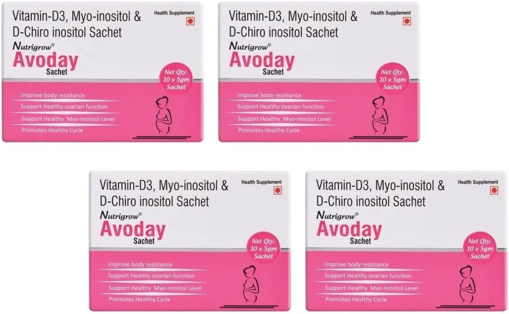 NUTRIGROW AVODAY Powder Supply 40 dager/Aid Ovarian funksjon støtte for kvinner - Regulere hormonene / Vitamin d3 myo-inositol & D Chiro inositol / helse kosttilskudd / metabolisme Booster Pack of 4