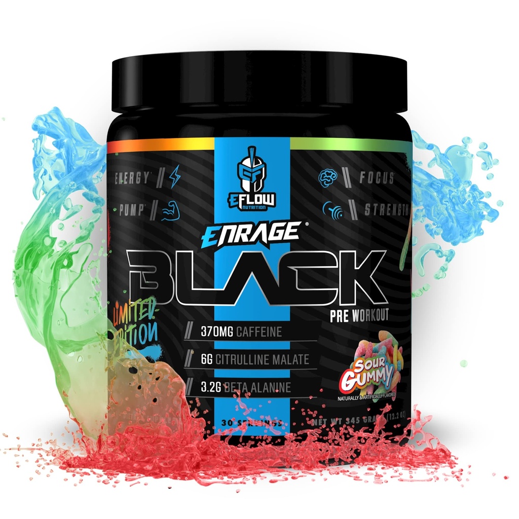 eFlow Ernæring Enrage Svart høy stimulant pre trening Supplement - Preworkout pulver til å øke energi, pumper og styrke - 4 Flavors (30 serveringer) (Sour Gummy)