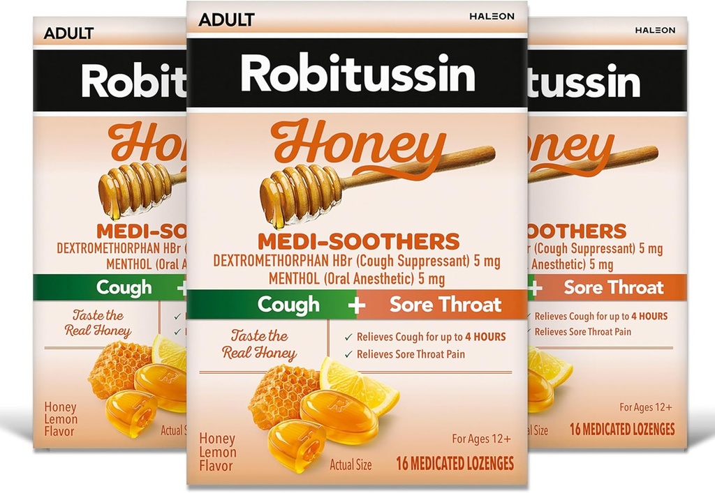 Robitussin Medi-Soothers Honning Lemon Throat Lozenges, Lang-Lasting Cough + Sore Throat Pain Relief - 48 Count (3 x 16ct Packs)