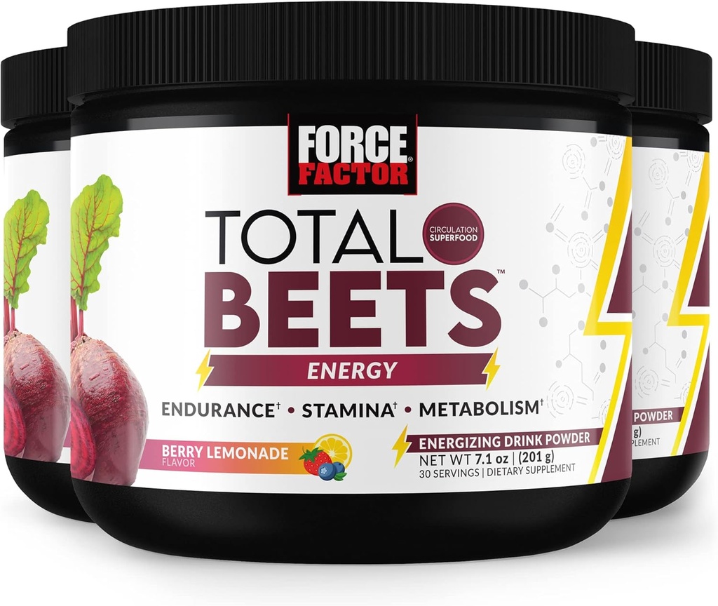 FORCE FACTOR Total Beets Energi Drink Bland 3-pakker, Superfood Beet Root Powder, Nitrater å øke energi, støtte sirkulasjon, blodflow, nitrogenoksid og utholdenhet, hjerte helsetilskudd, 90 serveringer