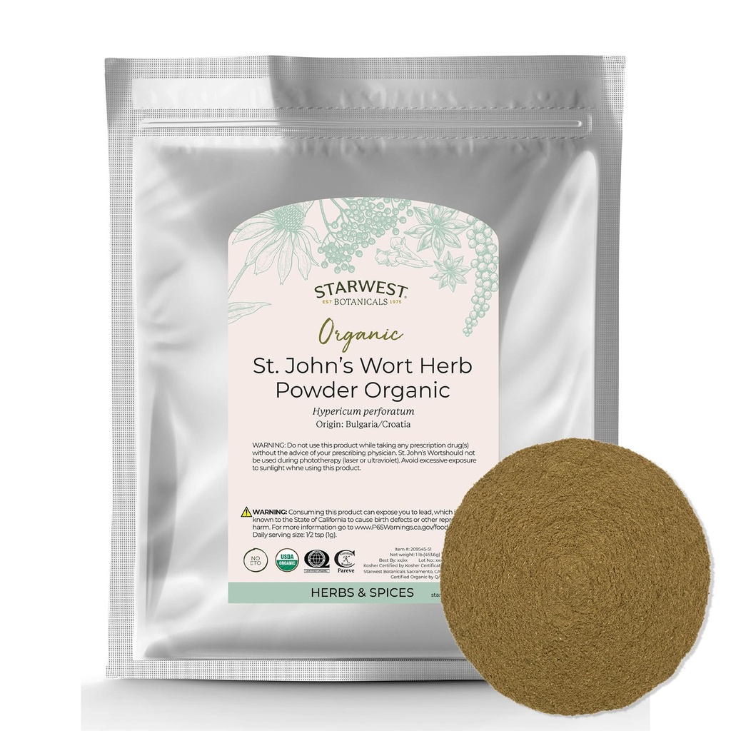 Starwest Botanicals Organic St. John's Wort pulver - Tørket urt for te, laget av St. John's Wort blomst, støtter avslapning, sertifisert Kosher, ikke-GMO - bulk 1 lb Bag