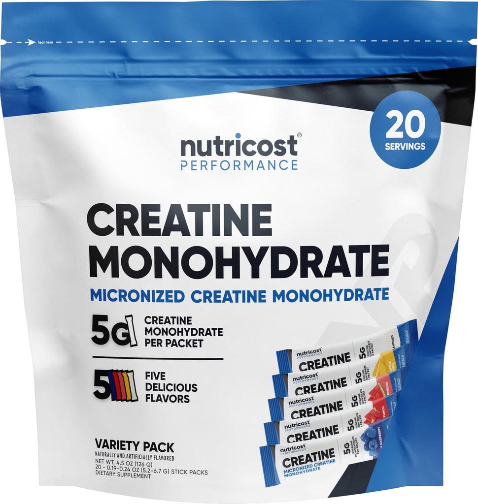 Nutricost Kreatin Monohydrat pulver Varierte Stickpacks (5 Flavors, 20 Serveringer) - Mikronisert, 5 gram kreatinmonohydrat per pakke
