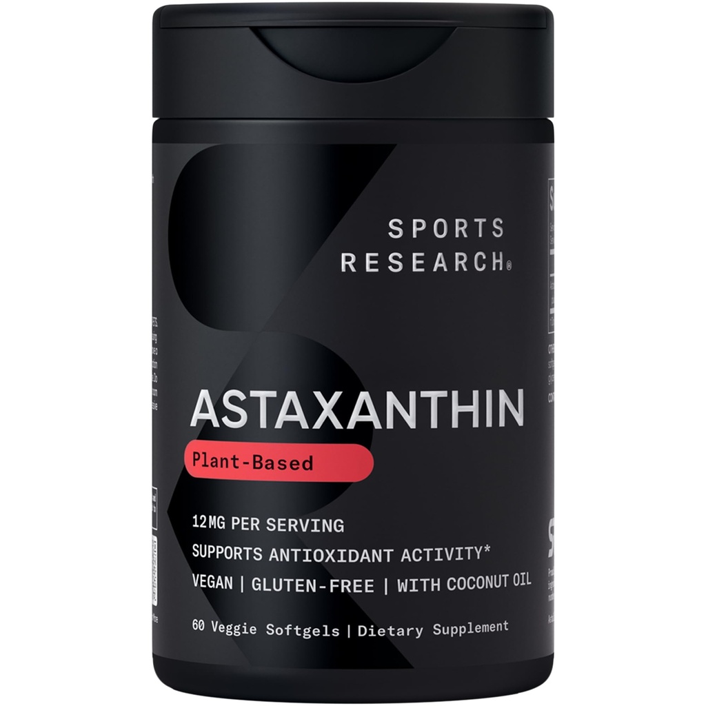 Idrettsforskning Trippel styrke Vegan Astaxanthin Supplement fra Algae - Plantebaserte Softgels for antioksidant aktivitet, hud og øye helse - Ikke-GMO Verifisert, laget med kokosolje - 12 mg, 60 greve