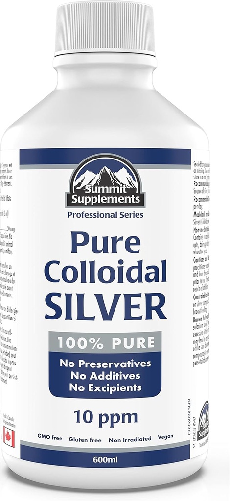 Colloidal Silver 10ppm 600ml - Colloidal Silver Liquid Minerals Trace Minerals - Colloidal Copper Supplements - Silver Colloidal Minerals Liquid - Formulert og laget i Canada