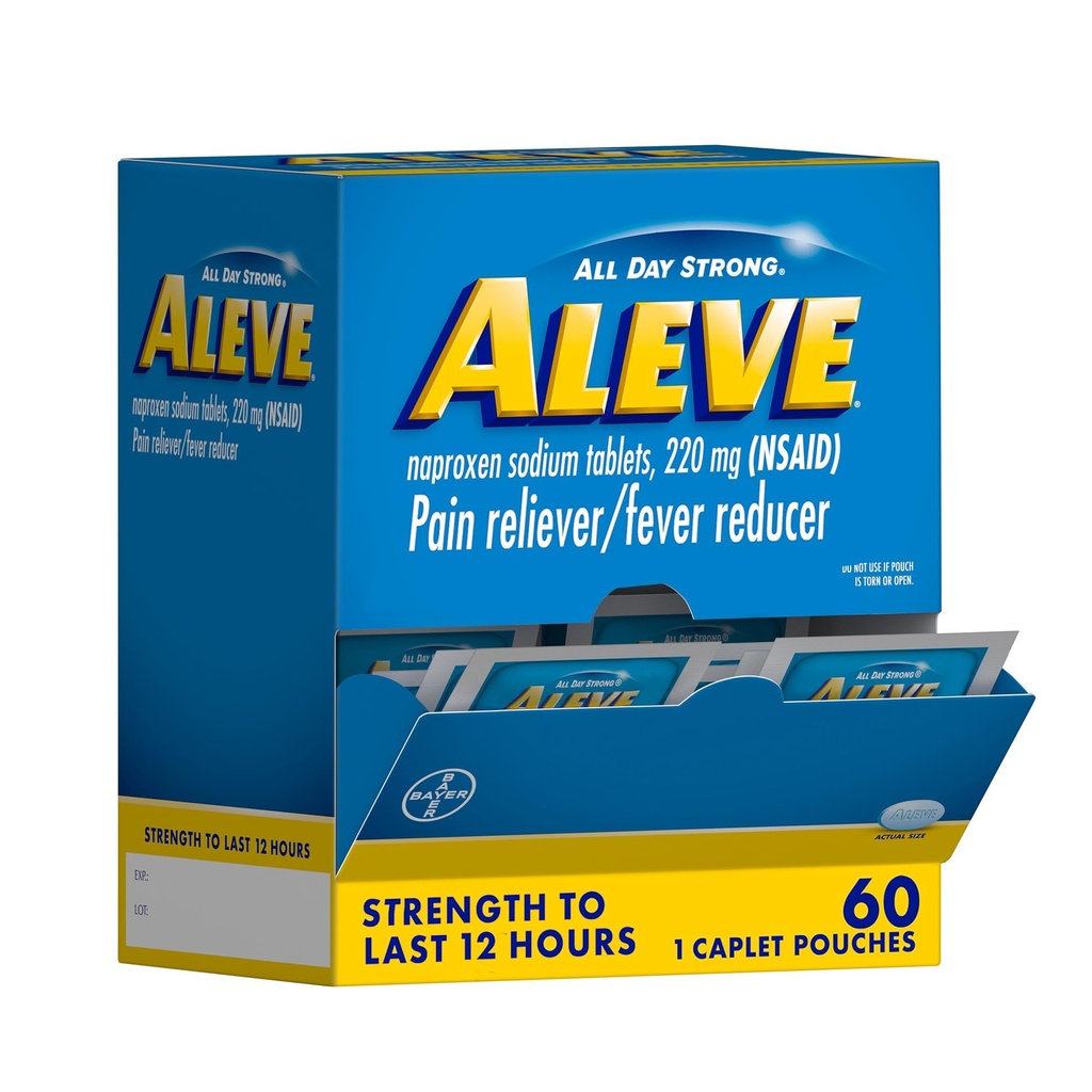 Aleve smerte Reliever & Feber Reduser Naproxen Natrium Caplets, Kropp og ledbetennelse Smerte Reliever, Medisin for voksne og barn Alder 12 og opp, 60 Individual Pouches