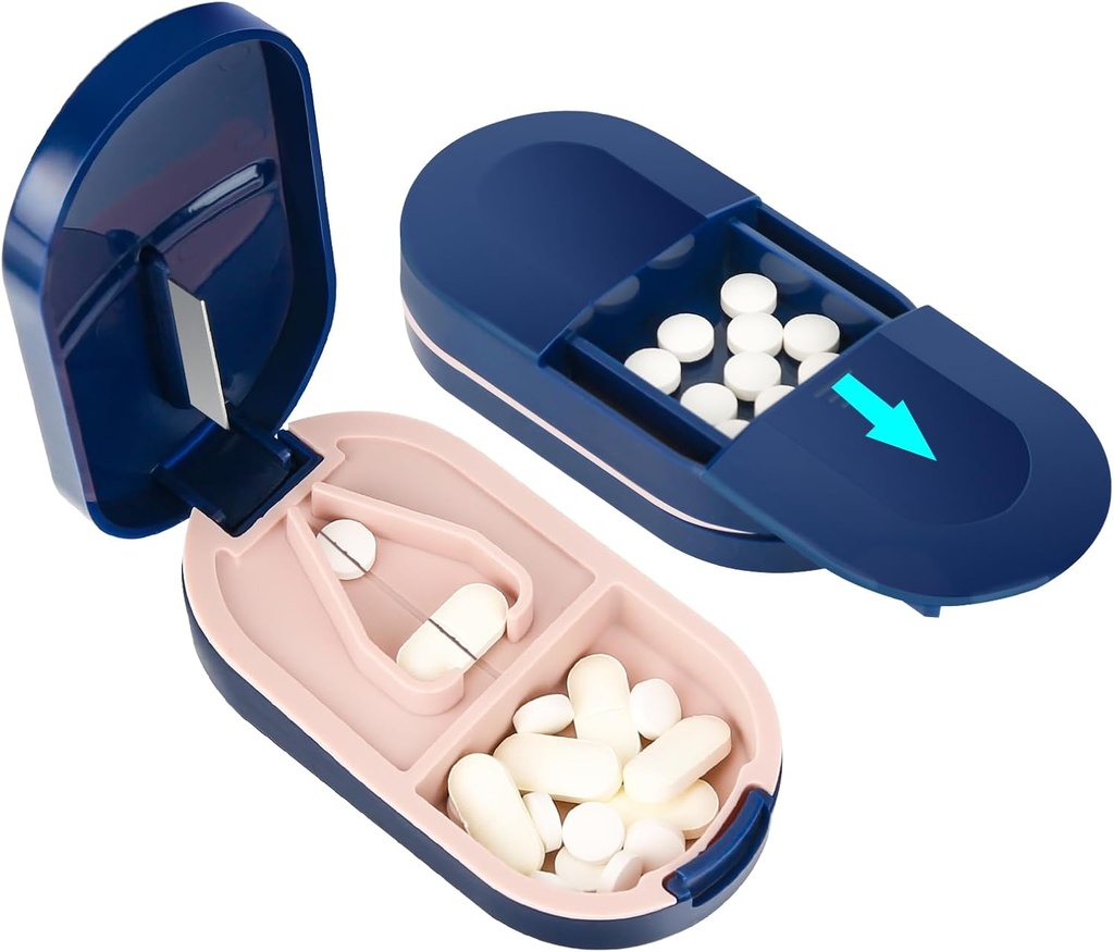 LEAFTOL Piller, Bærbar pille Splitter 2-i-1 Piller tilfelle med rustfritt stål Blade, for små eller store vitaminer Tabletter, kutte piller med mini piller Organizer sammenligning – blå