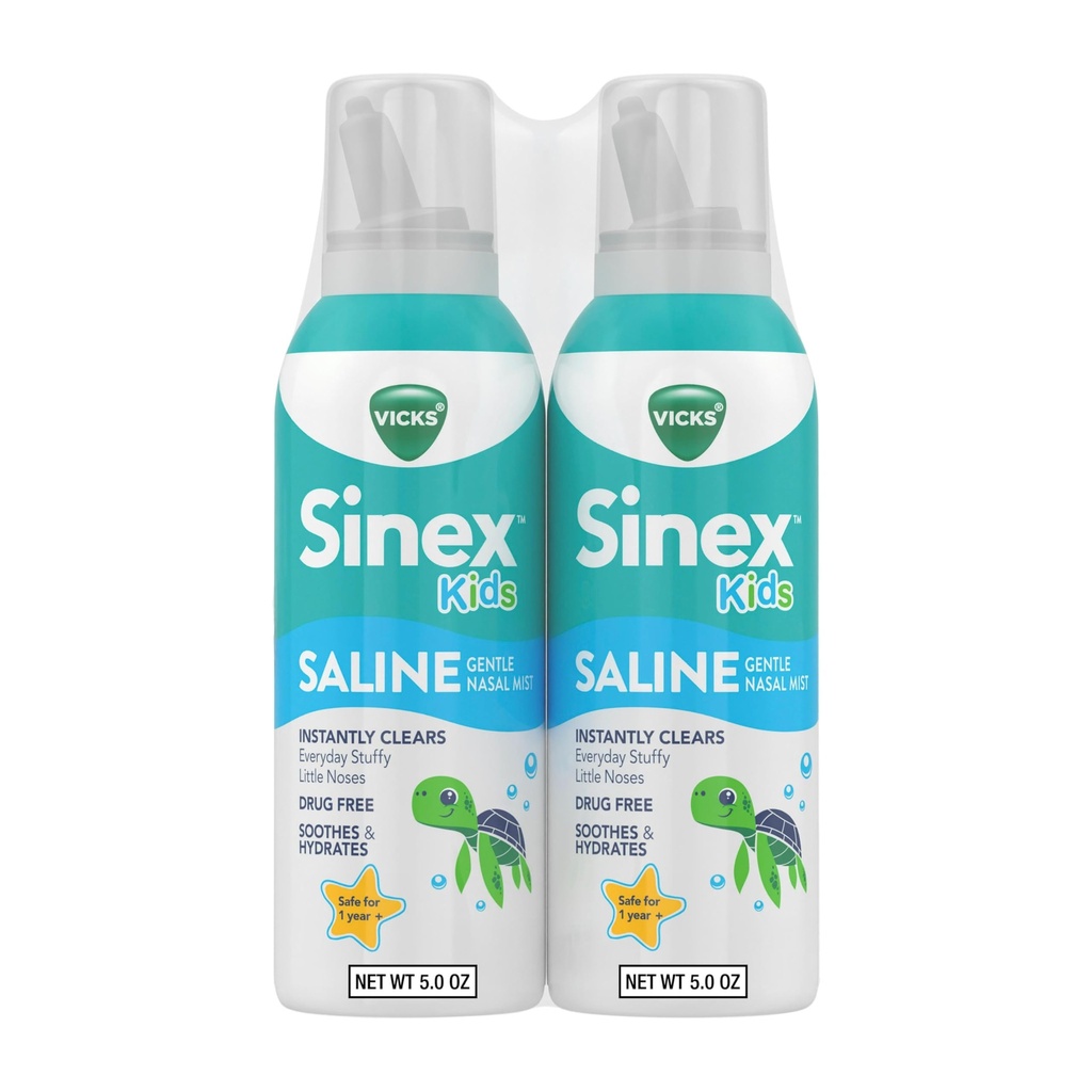 Vicks Sinex, Barns Saline Nasal Spray, Drug Free Ultra Fine Mist med tips av Aloe, Ages 1+, Fast Hver dag Stuffy Nese Relief for barn, Clear Mucus fra en kald eller allergi, 5 OZ x 2