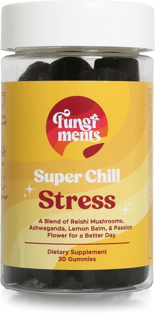 Fungiments Super Chill - Mushroom Supplement - Reishi Mushroom, Ashwagandha, Cortizol, L-Theanine, Passion Blomster - Mindre Stress og bedre søvn (30 Mushroom Gummies)