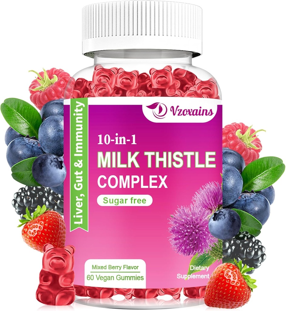 Melk Thistle Gummies, 10-i-1 Herbal formel for lever rengjøring og reparasjon med Dandelion Root, Turmeric, Artichoke - Optimal leverfunksjon og digestiv helse - Blandet Berry Flavor