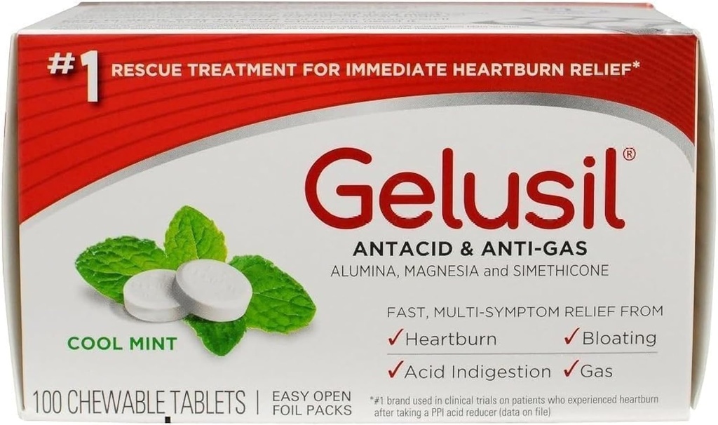 Gelusil Antacid & Antigass Tabletter for Heartburn Relief, Acid Reflux, Bloating og Gas, Kjøl Mint - 100ct Blister Pack