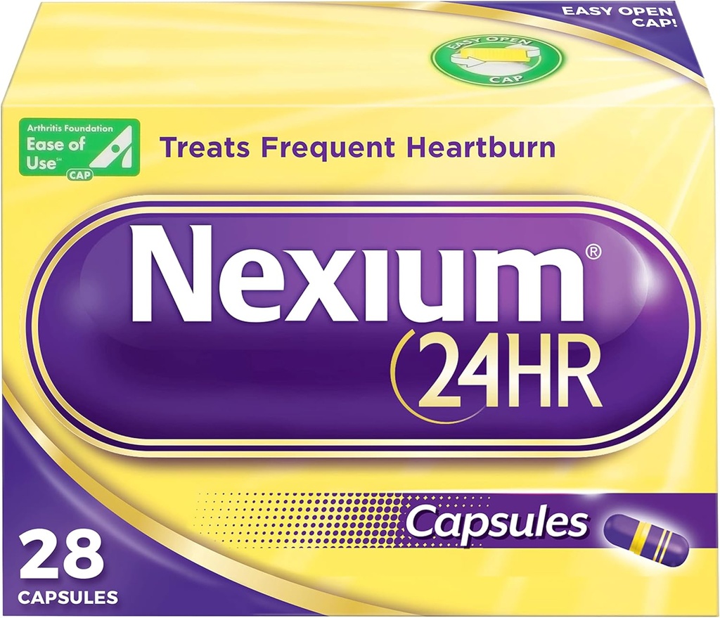 Nexium 24HR Acid Reduser Heartburn Relief Kapsler for hele dagen og all-Night beskyttelse fra hyppig hjertebrann, Heartburn medisin med Esomeprazol Magnesium - 28 greve